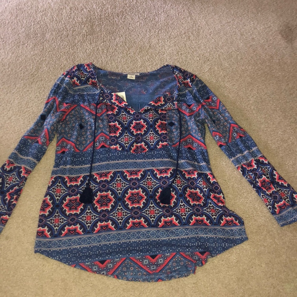 Blue and pinkish orange blouse